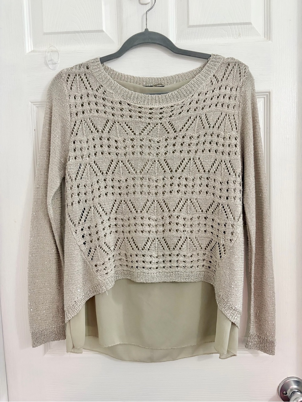 Milano Layered Open-Knit Scoop Neck Sweater with sparkle. Size Medium $10